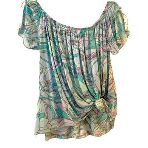 MOD Lap Over Short Sleeve Colorful Floral Hip Tie Top S (A-112)
